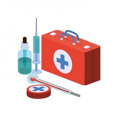 a first aid kit, sys and bottle are shown in this flat lay illustration