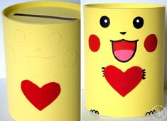 a close up of a paper cup with a face and heart cut out on it