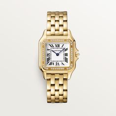 Cartier - Panthère de Cartier watch - Watch  - Panthère de Cartier watch, medium model, quartz movement. Case in yellow gold 750/1000 set with brilliant-cut diamonds, dimensions: 27 mm x 36 mm, thickness: 6 mm, crown set with a diamond, silvered dial, blued-steel sword-shaped hands, yellow gold 750/1000 bracelet, water-resistant to 3 bar (approx. 30 meters). Cartier Watches Women, Golden Watch, Cartier Panthere, Gold Watches Women, Forever Jewelry, Cartier Watch, Yellow Gold Setting, Blue Steel, Diamond Watch