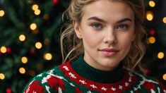 a woman in a green and red sweater standing next to a christmas tree with lights