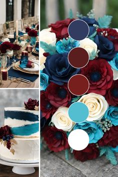 a collage of photos with flowers and cake