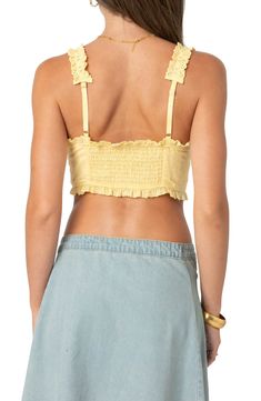 Sweet, sunny style defines this woven cotton crop top featuring a structured bodice and enchanting eyelet ruffle trim. Front button closure Sweetheart neck Adjustable straps 100% cotton Machine wash, dry flat Imported Boy Activewear, Yellow Fits, Ruffle Crop Top, Cotton Crop Top, Favorite Daughter, Swimwear Dress, Maternity Shops, Designer Clothes For Men, Modern Outfits