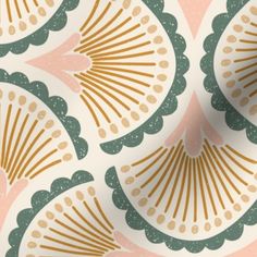 an abstract wallpaper with gold and green fan design on it's pink background