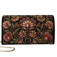 Warm brown embroidered floral handbag with rubies BoutiqueByMariam. Modern Clutch, Velvet Handbag, Bridal Clutch Bag, Fall Palette, Leaf Outline, Embroidered Handbag, Floral Handbags, Floral Clutches, Velvet Clutch