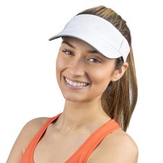 a woman wearing an orange tank top and white visor