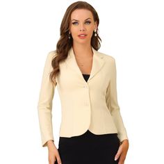 The curve hem and fitted waist, make this formal blazer different from other blazer suits and add a stylish twist. Keep your work-wear wardrobe up-to-date by adding this pretty blazer. Pair with a range of blouses and jeans, a pencil skirt, or cigarette pants and show off your charming effortless OL style. This blazer suit jacket features single-breasted, and the design of a fitted waist and regular hip-length make it comfortable for all-day wear. The lapel collar neckline and straight-cut cuffs Tailored Solid Color Office Lady Blazer, Tailored Solid Blazer For Office, Tailored Solid Color Blazer For Office, Office Blazer Dress With Single Button And Suit Collar, Single Button Office Lady Blazer, Office Blazer Dress With Suit Collar And Single Button, Office Lady Blazer With Hidden Button Closure, Tailored Semi-formal Office Blazer, Tailored Blazer For Semi-formal Office Wear