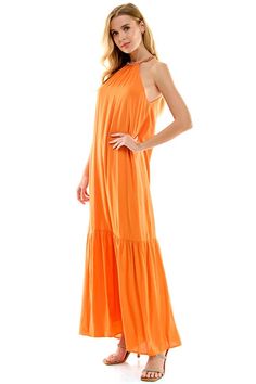 Sleeveless, halter neckline with jewel details, maxi length dress, available in orange. Halter Maxi Dress, Halter Maxi, Halter Maxi Dresses, Halter Neckline, Dress Length, Maxi Dress, Orange