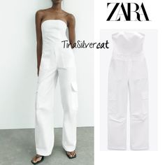 Blogger's Fave! Zara Strapless Cargo Jumpsuit White New With Tag Strapless Long Jumpsuit With Straight Neckline. Side Pockets And Patch Pocket At Leg. Side Hidden In-Seam Zip Closure. Respectful Offers Only! Fitted Strapless Jumpsuits And Rompers With Pockets, Zara Strapless Jumpsuits And Rompers For Summer, White High-waisted Strapless Jumpsuit For Spring, White High Waist Strapless Jumpsuit For Spring, Chic Fitted White Overalls, Fitted White Zara Jumpsuit And Romper, Zara White Overall Jumpsuits And Rompers, White Zara Jumpsuits And Rompers For Summer, White Cargo Pants Outfit