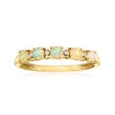 Ross-Simons - 3mm Opal Ring with Diamond Accents in 10kt Yellow Gold. Size 6. Canaria fine jewelry. Perfect for everyday wear, these genuine 10kt gold wardrobe essentials are fashionable, fun and designed to last a lifetime. Strong and durable, our collection of gold classics is always a great value. This dreamy gemstone ring features 3mm round opals and sparkling diamond accents. Crafted in polished 10kt yellow gold. 1/8" wide. Opal ring. Opal birthstones are the perfect gift for October birthd Gold Wardrobe, Opal Birthstone, Ring Opal, Boot Jewelry, Yellow Gold Jewelry, Sparkling Diamond, Ring With Diamond, Opal Color, Opal Ring