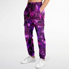 Pink and Purple Chromatic Melt Unisex Cargo Joggers (Fleece Lined) – BigTexFunkadelic Pink Cargo Pants With Elastic Waistband For Streetwear, Purple Streetwear Cargo Pants With Side Pockets, Streetwear Purple Bottoms With Side Pockets, Purple Streetwear Cargo Pants, Purple Cargo Pants For Streetwear, Purple Sweatpants With Relaxed Fit And Elastic Waistband, Purple Bottoms With Elastic Waistband For Streetwear, Purple Relaxed Fit Sweatpants With Elastic Waistband, Casual Purple Sweatpants With Relaxed Fit