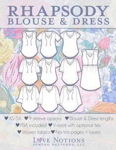 the rhapsody blouse and dress sewing pattern is shown in several different styles