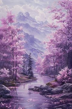 a painting of a mountain stream with pink trees and rocks in the foreground, on a blue sky background