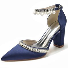 Shop Navy Pointed Toe Pearl Rhinestone Ankle Strap Chunky Hee Pumps Wedding Shoes color Navy for Anniversary, Going out, Hanging out with worldwide Free shipping & Free return. Elegant Rhinestones Wedding Shoes For Banquet, Embellished Ankle Strap Wedding Shoes For Banquet, Embellished Wedding Shoes With Ankle Strap For Banquet, Navy Blue Wedding Shoes, Wedding Shoes Pumps, Bridal Heels, Bridesmaid Shoes, Wedding Dress Shoes, Ankle Strap Shoes