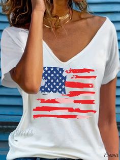 Eromis - Patriotic Emblem Tee for Independence Day: Stylish and Comfortable Round Neck T-shirt for Women White T-shirt With American Flag Print For Spring, Summer V-neck T-shirt With American Flag Print, White Graphic Tee With American Flag, White American Flag Top For Memorial Day, White Tops With American Flag For Independence Day, White American Flag Crew Neck Top, White American Flag Tops For Independence Day, White Crew Neck Top For Memorial Day, White T-shirt With American Flag For Spring