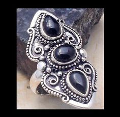 NEW - UNIQUE BLACK ONYX 3 STONE ANTIQUE SILVER STATEMENT RING SIZE 7.25 | eBay Antique Silver Three Stone Jewelry, Unique Silver Jewelry With Three Stones, Unique Silver Three-stone Jewelry, Unique Silver Three Stone Jewelry, Vintage Silver Jewelry With Three Stones, Vintage Silver Three Stone Jewelry, Vintage Silver Three-stone Jewelry, Vintage Black Nickel-free Rings, Nickel-free Black Bohemian Rings