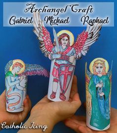 three handmade paper angels with the text, archhangel craft michael raphael catholic living