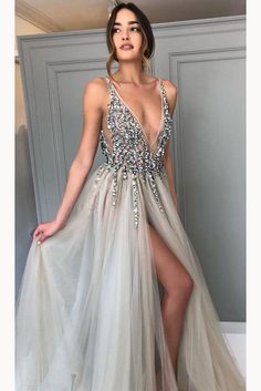 Gray Sequined Deep V Neck Prom Dress with Left Slit, A Line Tulle Evening Dress N1248 Ivory Evening Dress, Side Split Prom Dress, Sweep Train Prom Dress, Split Prom Dresses, Grey Prom Dress, Fashion Show Dresses, Beaded Evening Gowns, Evening Dress Long, V Neck Prom Dresses