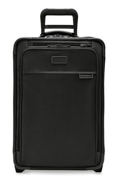 a black suitcase with wheels and handle on the front, sitting against a white background