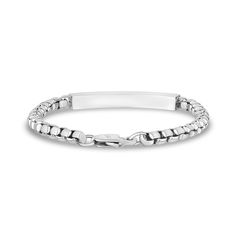 The round box link bracelet is a very popular bracelet worn by many men. We have decided to add a twist to this bracelet and make it engravable. Now you can personalize this round box link bracelet with the engraving of your choice. Available in silver, gold and black. Product DetailsWidth: 5mm (0.2")ID Dimensions: 42mm x 6mm (1.65" x 0.24")Finish: Shiny Classic Engraved White Gold Chain Bracelet, Classic Engraved Sterling Silver Bracelet For Everyday Use, White Gold Polished Stainless Steel Bracelet, Engraved White Gold Sterling Silver Bracelet, Oval Link Stainless Steel Bracelets With Polished Finish, Classic Engraved Metal Chain Bracelet, Engraved Stainless Steel Link Jewelry, Stainless Steel Oval Link Bracelets With Polished Finish, Classic Stainless Steel Bracelet With Box Chain