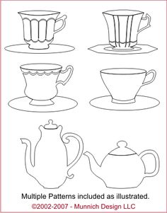 four different teapots and cups are shown in the same line drawing style, each with