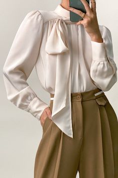 Floral White Satin High Neck Long Sleeve Blouse With Neck Tie – Ifomt Versatile Solid Color Blouse For Office, Versatile Solid Color Office Blouse, Elegant Solid Color Blouse For Party, Chic Solid Blouse For Work, Chic Solid Color Blouse For Work, Versatile Solid Color Workwear Blouse, Versatile Workwear Blouse, Versatile Blouse For Office Wear, Elegant Beige Blouse For Work