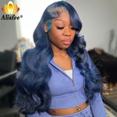 Dark Night Blue Transparent 13x6 Lace Frontal Body Wave Human Hair Wig Blue Color Pre Plucked 13x4 Dark Blue Lace Front Wig, Dark Blue Wigs For Black Women, Icy Blue Wig, Blue Birthday Outfits, Blue Wig Install, Blue Lace Front Wig, Blue Wigs, Black Ponytail, Color Wigs