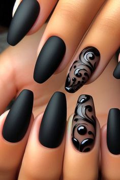 Gel Black Nails Ideas, Black Wedding Nail Designs, Halloween Black Nails Design, Night Nails Design, Black With White Nails, Dark Gothic Nails, Coffin Black Nails Design, Black French Manicure Designs, Elegant Black Nail Designs