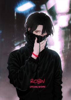 an anime character with black hair and red lettering on his face, covering his mouth