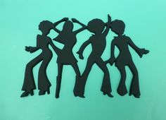 four silhouettes of people dancing together on a blue background