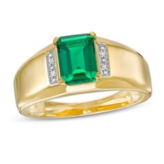 Bring a hint of color to his look with this smart fashion ring. Crafted in warm 10K gold, this design features an 8.0 x 6.0mm emerald-cut verdant-green lab-created emerald flanked by diamond-accented collars. The shank gleams with beveled edges for added dimension and depth. Buffed to a brilliant luster, this ring is a sophisticated style just for him. Emerald Ring Design, Mens Ring Designs, Smart Fashion, Verdant Green, Gents Ring, Lab Created Emerald, Peoples Jewellers, Ring Watch, Fashion Ring