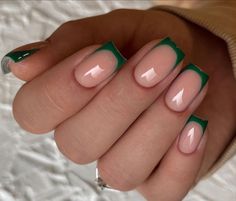 French Nails With Green, Forest Green French Tip, Forest Green French Tip Nails, French Manicure Green, Forest Green And Gold Nails, Colour French Tips Nails, Green French Tip Acrylic Nails, Dark Green French Tip, French Nails Green