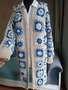 Crochet Long Cardigan, Knitted Long Sleeve Square Patterned Cardigan, Handmade Bohemian Cardigan, Gift For Mom My long cardigan in blue tones, which I crocheted, is one of the trend colors of the year ☺️  Length: 90cm  If you would like a different size and length, please contact me. Blue Open Knit Winter Cardigan, Winter Blue Open Knit Cardigan, Bohemian Crochet Sweater For Beach, Bohemian Beach Sweater With Crochet Details, Bohemian Knitted Cardigan For Fall, Bohemian Knitted Sweater Coat For Fall, Bohemian Fall Knit Cardigan, Bohemian Open Knit Cardigan For Winter, Fall Bohemian Knitted Cardigan