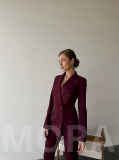 2-piece Womens Blazer Trouser Suit for office, business meetings, formal events and special occasions. Also perfectly combines with sneakers so after a long and tiring business day you can change you heels to sneakers and still look chic. DETAILS -  chinos pants -  slim fit  -  cropped  -  high rise -  blazer is buttoned -  lined -  side pockets -  slim fit -  double breasted -  notch lapel MATERIAL Premium quality Suiting fabric, consists of viscose mostly and a bit of polyester and elastane  SIZES The model's in photos  wearing a size XS (0 US numeric) Her measurements: height 5'6 or 167 cm, bust 30.7 inches or 78 cm, waist 23.6 inches or 60 cm, hips 35.8 inches or 91 cm Available in 4 sizes: XS= 0 US numeric  BUST 32-34 inches or 82-86 cm WAIST 23-24.8 inches or 59-63 cm HIPS 33-35 inch Burgundy Suits Women, Tailored Professional Pantsuit For Semi-formal Occasions, Professional Notch Lapel Blazer Dress For Office, Semi-formal Blazer With Suit Collar For Office, Semi-formal Office Lady Blazer With Suit Collar, Long Sleeve Office Lady Pantsuit For Work, Office Lady Pantsuit With Suit Collar, Office Lady Long Sleeve Pantsuit For Workwear, Office Lady Long Sleeve Pantsuit