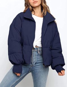 new with tags $80 navy blue  DARK NAVY BLUE COLOR women's puffer jacket MEROKEETY Women's Winter Long Sleeve Zip Puffer Jacket Pockets Baggy Short Down Coats Full Polyester Imported Zipper closure Machine Wash Size Guide:  S=US 4-6 Unique Design: Windproof puffer coat, soft and warm padded, ribbed knit cuffs, full zipper, side zipper pockets for essential storage, stand-up collar, solid color, cropped length, oversized style, winter coat outwear for wintry days. What a good puffer down coat, not Blue Puffer Jacket Outfit, Navy Jacket Outfit, Bulky Sweater, Winter Jacket Outfits, Blue Winter Coat, Affordable Outfits, Puffer Jacket Outfit, Jacket Outfit Women, Blue Puffer Jacket