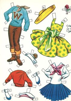 an old fashion paper doll with clothes and accessories