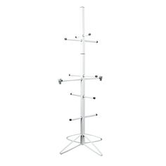 a white coat rack with four hooks and two umbrellas on the top, in front of a white background