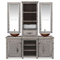 a bathroom vanity with two sinks and an open cabinet next to the mirror, which is divided into three sections