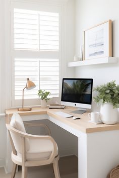 a white desk with a computer on it