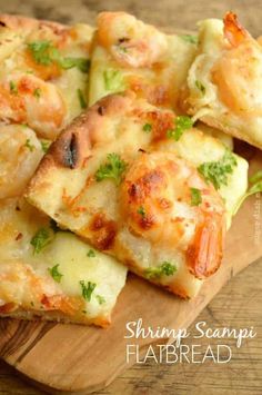 shrimp scampi flatbread on a cutting board