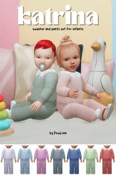 two baby dolls sitting next to each other in front of a pillow with the words katrina on it