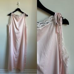 Vintage Jean Christophe pour Clasilk Nightgown  Blush pink gown with lace detail  Square neck with tie detail on one side  Size - NA Measurements laid flat: Bust - 22" Waist - 23.5" Hips - 25" Length - 53.5" Brand - Jean Christophe pour Clasilk  Fabric Composition - NA Vintage items are often more than 20 years old. Being a vintage/ pre-loved  piece, there maybe minor flaws and some pieces may show minor wear and tear. Anything notable will be shown in photos or description. Please check photos Pink Lace Trim Slip Dress For Evening, Pink Satin Slip Dress With Lace Trim, Pink Lace Trim Evening Slip Dress, Pink Lace Trim Slip Dress For Daywear, Pink Silk Slip Dress For Daywear, Pink Bias Cut Slip Dress, Pink Satin Slip Dress For Daywear, Pink Silk Sleepwear For Evening, Pink Lace Slip Dress For Sleep