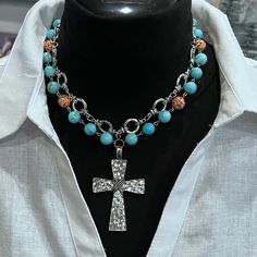 New - Beautiful Turquoise, Natural Stones (10mm) Double Stranded Silver Tone Chain Links, With Large Alloy Metal Cross Pendant. Genuine 925 Sterling Silver Leverback Matching Hook Earrings. Matching Bracelet And Other Necklaces Available On Other Posts Earrings Matching, Double Strand Necklace, Metal Cross, Chain Links, Matching Bracelet, Cross Jewelry, Beaded Necklaces, Matching Bracelets, Strand Necklace