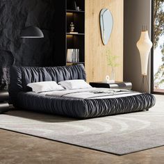 a bed sitting in the middle of a living room next to a wall mounted book shelf