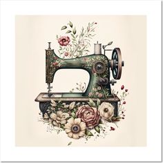 an old sewing machine with flowers on the front and side, painted in pastel colors