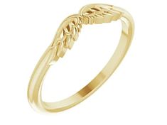 14K yellow gold angel wings stackable band ring. Rings With Angel Wings, Angel Wing Ring Gold, Gold Sterling Silver Jewelry With Angel Wings, Elegant Gold Wing-shaped Jewelry, Elegant 14k Gold Wing-shaped Jewelry, Angel Ring, Gold Angel Wings, Angel Jewelry, Stackable Bands