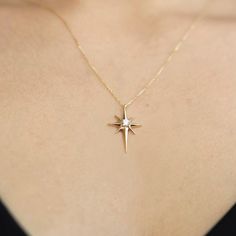 This stunning 14k Solid Gold Pole Star Necklace is the perfect gift for your special someone. Featuring a delicate North Star pendant crafted from real gold, this necklace is a beautiful symbol of guidance and hope. Whether you're looking for a birthday gift, anniversary gift, or a thoughtful surprise for your girlfriend, this elegant piece is sure to make a lasting impression.  *Free Express International Shipping *Free returns within 14 days from the order date. *14K solid gold chain is includ Star-shaped Yellow Gold Birthstone Necklace, Yellow Gold Star Necklace With Birthstone, Yellow Gold Star Shaped Necklace With Birthstone, 14k Gold Star-shaped Jewelry For Anniversary, 14k Gold Star Charm Jewelry Gift, 14k Gold Jewelry With Star Charm Gift, 14k Gold Starburst Jewelry For Gift, 14k Gold Starburst Jewelry Gift, 14k Gold Jewelry With Star Charm For Anniversary