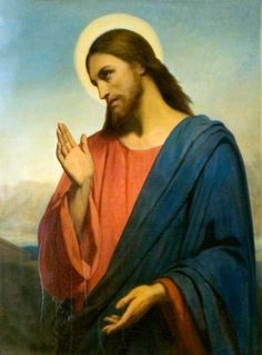 a painting of jesus holding his hands together