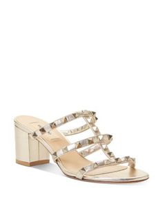 Valentino Garavani Women's Rockstud Block Heel Slide Sandals Elegant Studded Sandals For Spring, Formal Spring Sandals With Studs, Formal Studded Sandals For Spring, Gold Studded Sandals For Summer, Wedding Attire, Slide Sandals, Valentino Garavani, Slip On Sandal, Block Heels