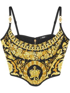 black/gold-tone satin finish signature Barocco print corset style Medusa plaque detail boned bodice scoop neck rear zip fastening adjustable spaghetti straps asymmetric hem Versace Two Piece Set, Versace Clothes Women, Versace Bustier, Versace Outfit Women, Versace Corset, Versace Prints, Versace Aesthetic, Versace Clothes, Prada Outfits