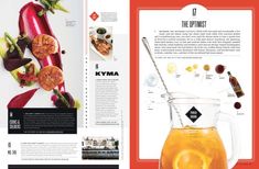 a brochure with an image of food and drinks on the front, in red frame